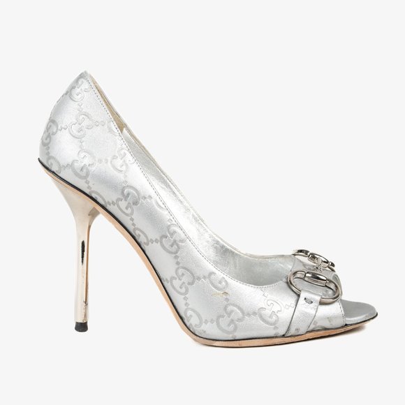 Gucci Guccisimma Silver Horsebit Metal Heel Open-Toe Pump, Size 7.5 - Picture 1 of 11